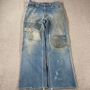 Vintage 70s Red Snap Denim Jeans Fits Size 30x28 Cool Patchwork Blue RARE *